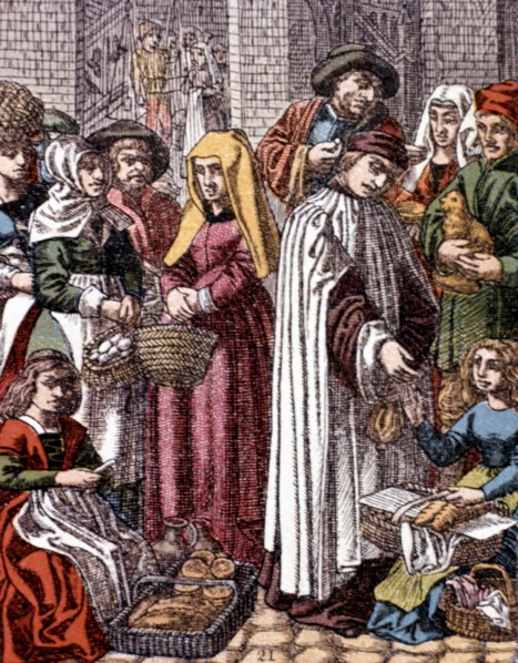 Medieval life, the market in late 1400, in an engraving by Hotteroth, 1870.