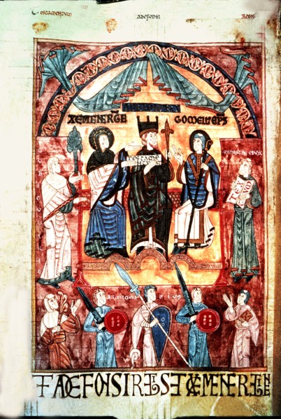 Queen Jimena and Alphonse III the Great (848-910) before the bishop Gorneus, miniature in the 'Bo?