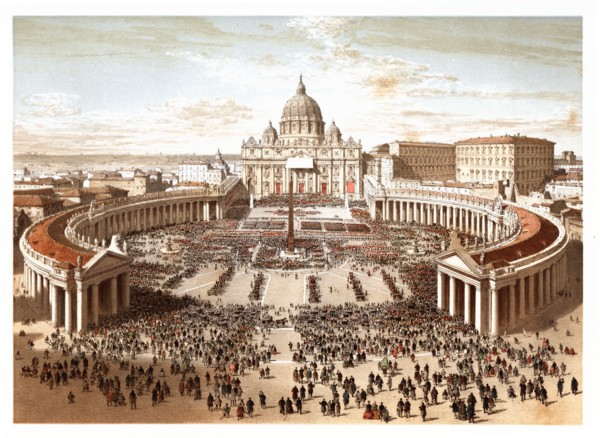 Pontifical ceremonies. Benediction urbi et orbi in Saint Peter's square. Color engraving from 1871.