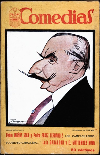 Cover of the publication 'Comedias'. Caricature of Pedro Muñoz Seca (1879-1936). Siglo XX publish?