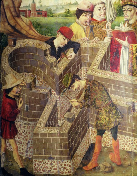 Building a church, detail from the Painting 'Church of San Miguel', panel painting.