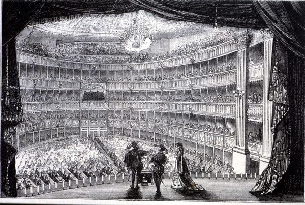 View of the stalls of the Teatro Real in Madrid, built in 1850, from the stage, engraving, 1870.