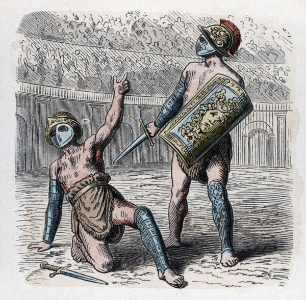 Roman circus, wounded gladiator asking for the grace of living, engraving, 1866.