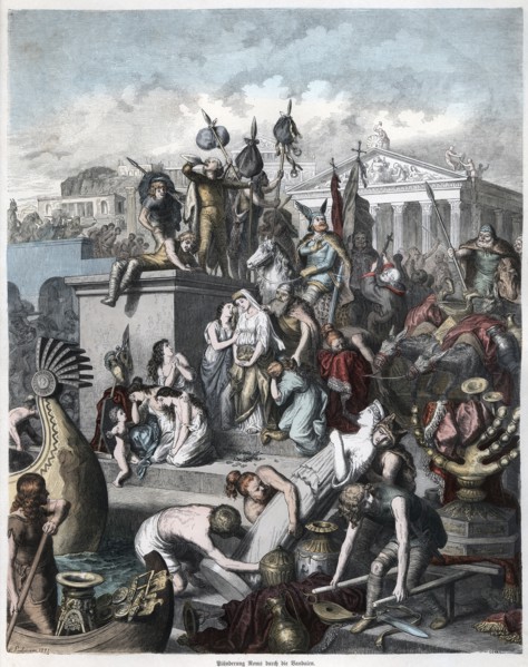 Pillaging and looting of the city of Rome by the Vandals, engraving 1872.