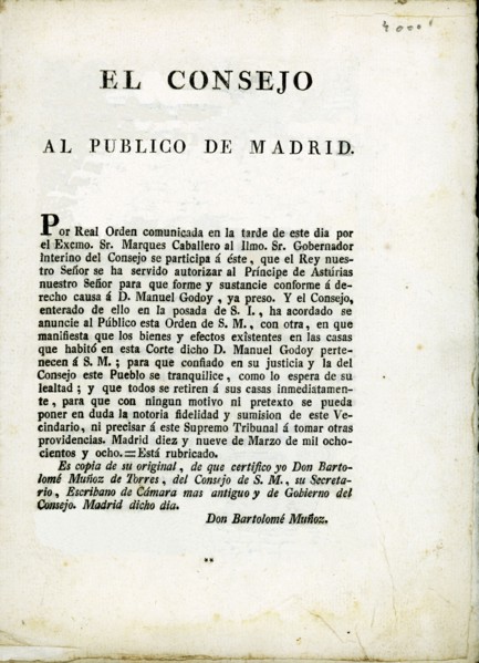 Royal Order of confiscation of properties and arrest of Manuel Godoy issued in Madrid on March 19?