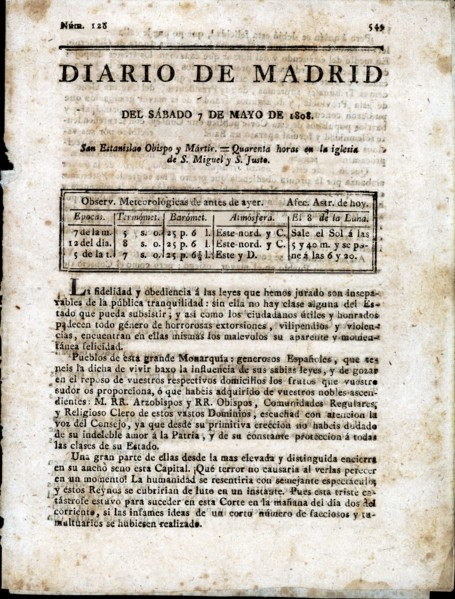 Front page of the 'Diario de Madrid', No. 128, Saturday, May 7, 1808, published in Madrid.