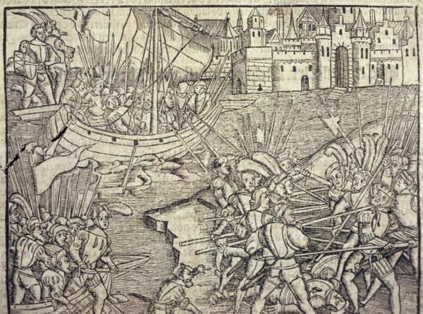 Episodes of the conquest of Peru, illustration from the book 'Historia General de las Indias y Nu?