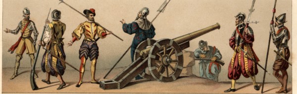 Archebusiers, artillerymen, landsknechts and pikeman of the time of Henry II of France, 1559-1572.