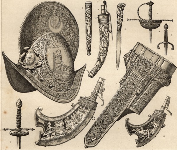 Various French weapons, helmets, knives and gun powder layers.