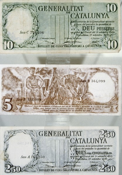 Banknotes of 10 pesetas of legal tender issued by the Generalitat de Catalonia during the Spanish?