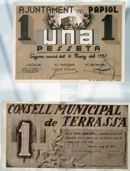 Banknotes issued by the municipalities of Papiol and Terrassa in May 1937 during the Spanish Civi?
