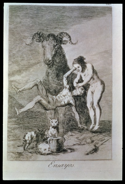 Los Caprichos, series of etchings by Francisco de Goya (1746-1828), plate 60: 'Ensayos' (Trials),?
