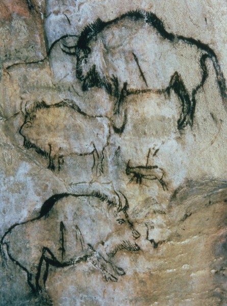 Panel with several overlapping bisons and a small goat, this one and several bisons are wounded b?