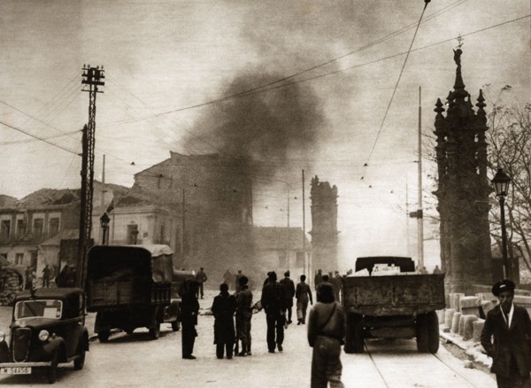 Spanish Civil War 1936-39. Siege of Madrid, houses burned by an air raid near the bridge of Toled?