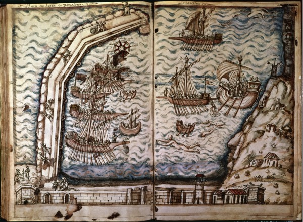 The port of Barcelona during its construction, miniature in which builders of the harbor, ships a?