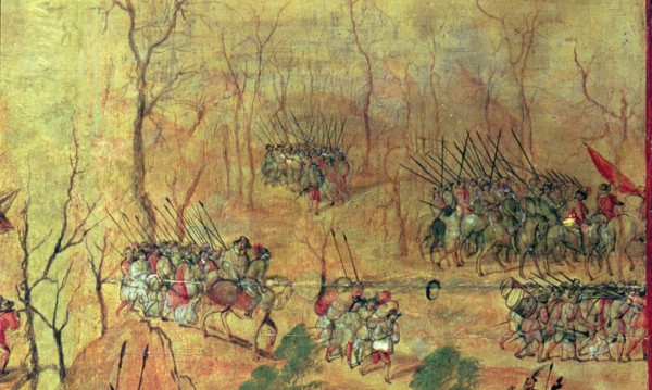 'The Spanish to land them in snow on the road', conquest of Mexico, detail of a Painting. of 169?