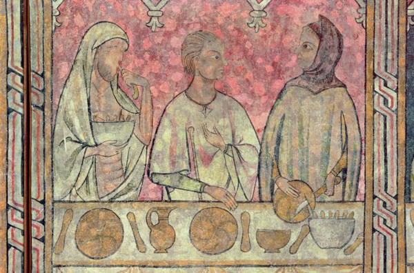 Poor and pilgrims standing behind a well laid table, hosted by Pia Almoina, fragment of the Wall ?