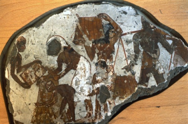 Fragment of a fresco from Thebes, showing a scene of people working.