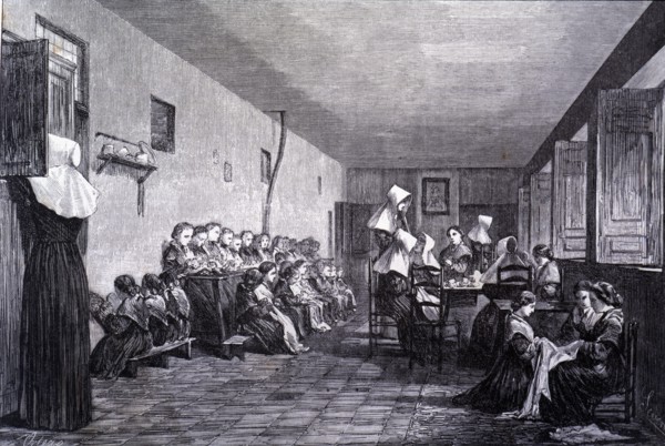 La Paz College in Madrid, classroom and work room of the girls, engraving from 1856.