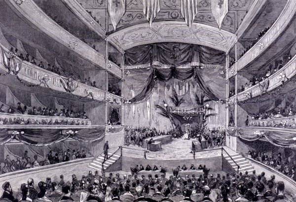 Distribution of prizes to the winner poets in the Floral Games, in the Teatro Principal in Barcel?