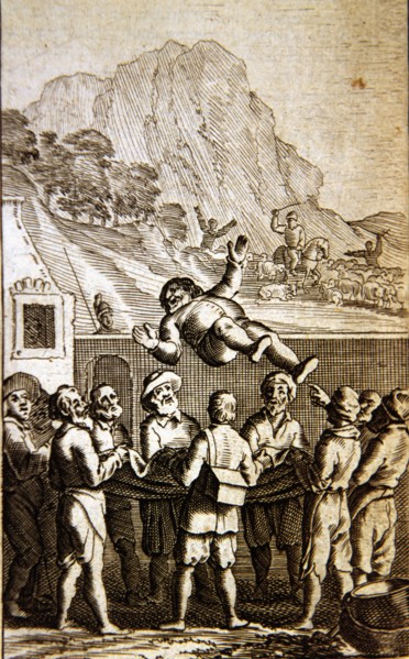 Don Quixote de la Mancha', scene of Sancho tossed in a blanket in the inn, edition of Warsaw, 1786.