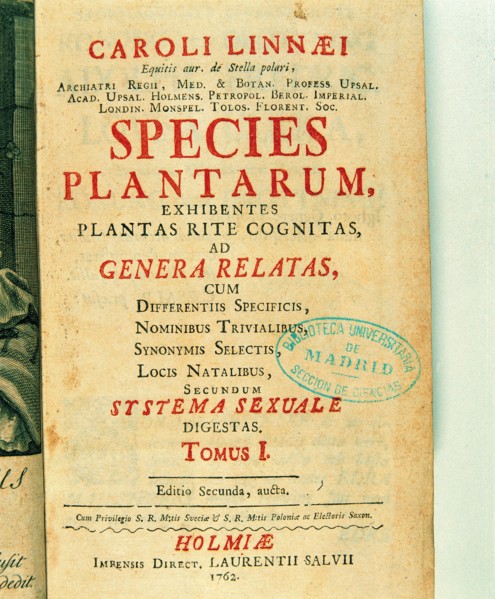 Title page of 'Species plantarum', by Charles Linnaeus, 1762.
