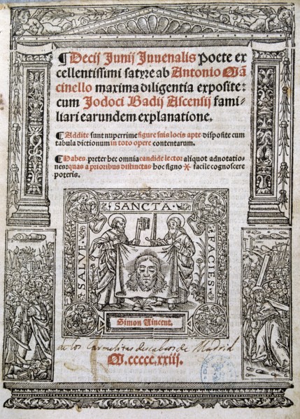 Cover of the play 'Satires' by Decimus Junius Juvenal, edition of 1523.