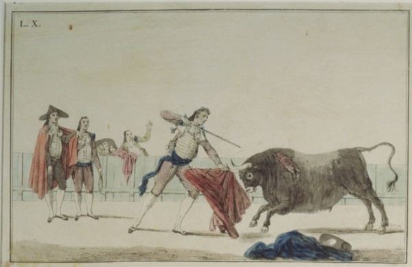'Suerte de Matar' (Bullfighting stage), colored engraving by Antonio Carnicero.