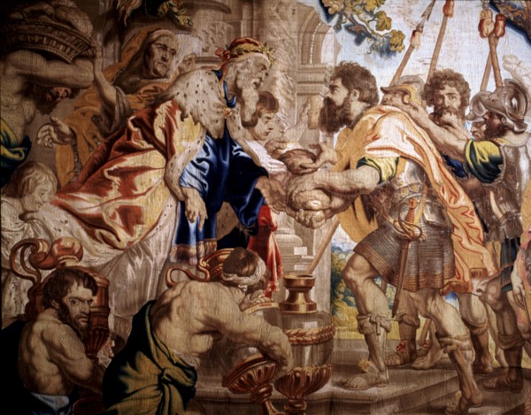Detail of a tapestry with the 'Meeting of Abraham and Melchizedek' woven in Brussels by Raes Jeans.