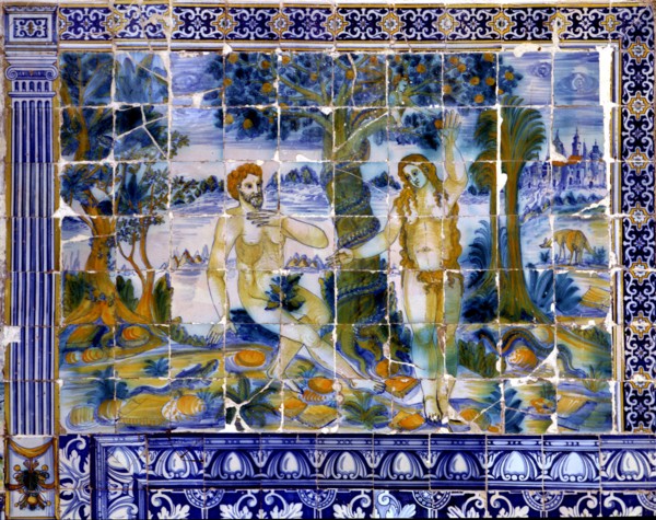 Tile panel with Adam and Eve in the paradise.