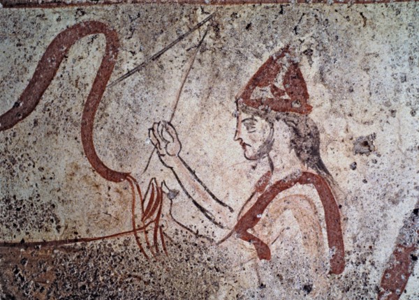 Fresco from the Lucan tomb representing a man holding the reins of a chariot.