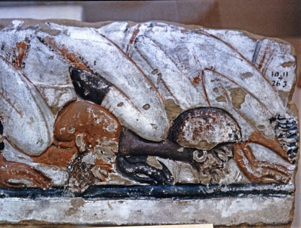 Foreign delegates fell at the feet of Akhenaten, detail of a painted stoneware.