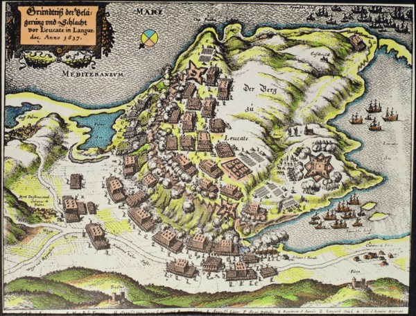 War of Roussillon. (1635-1639), siege and Battle of the Castle of Leucata Cape, engraving.
