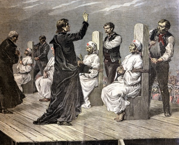 Execution of anarchists to garotte in Jerez de la Frontera, 1892, color etching.
