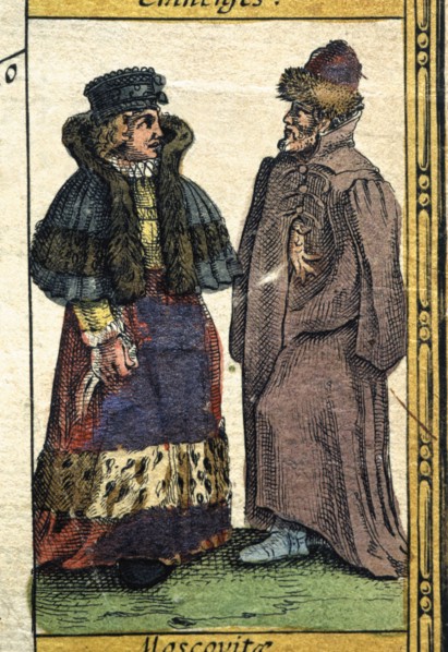 Muscovites types, colored engraving from the book 'Le Theatre du monde' or 'Nouvel Atlas', 1645, ?