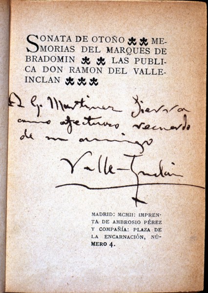 Cover 'Autumn Sonata - Memoirs of the Marquis of Brandomin', by Valle Inclan with autograph inscr?