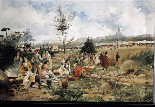 Meal in the Meadow of San Isidro in Madrid', oil by Eugenio Lucas Villaamil.