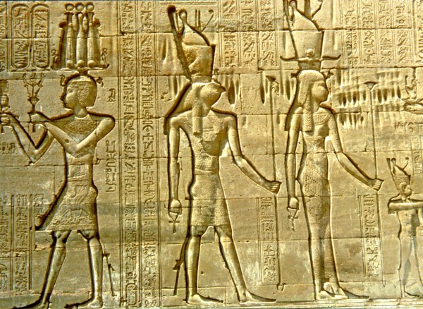 Reliefs with figures and writing in the Temple of Hathor.