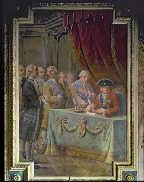 Charles III signing the decree authorizing trading with the Philippines and Asia.