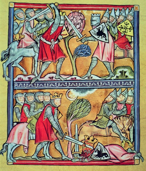 Fighting of Charlemagne with the paladins against the Saracens, Miniature in 'Charlemagne and the?