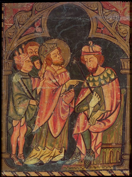 'Front of Sant Cebrià of Cabanyes', Saint Cyprian is taken by three hired assassins to the Emper?
