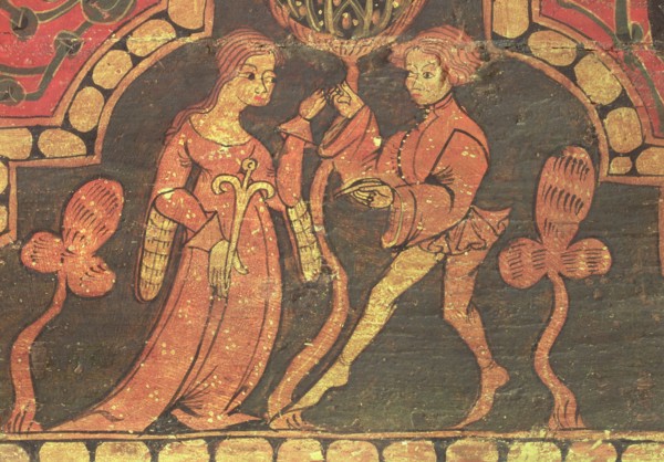 Scene of a loving couple, detail of a table in the coffered ceiling of the castle of Peñafiel (Va?