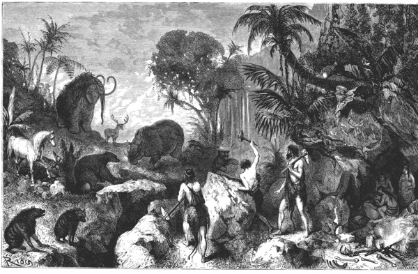 Primitive men defending from animals, engraving, 1900.