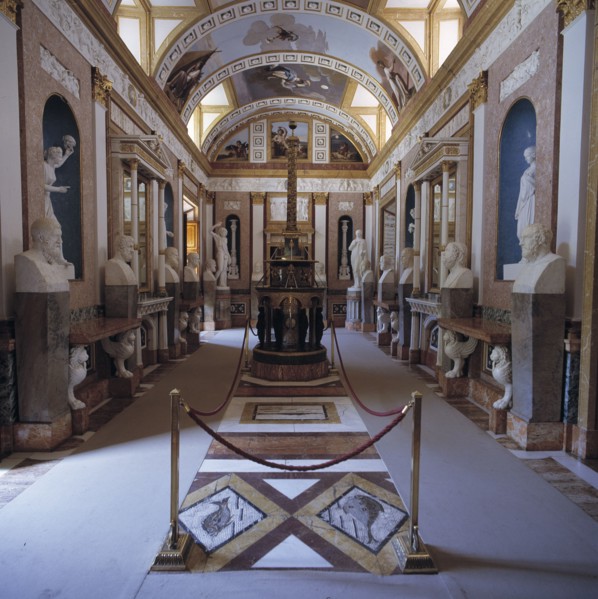 View of the gallery of statues at the Casita del Labrador (Farm worker little house) in the Royal?