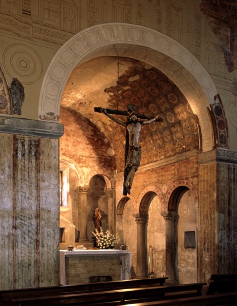 Interior of the Church of San Julián or Santullano de los Prados with painting remains, founded b?