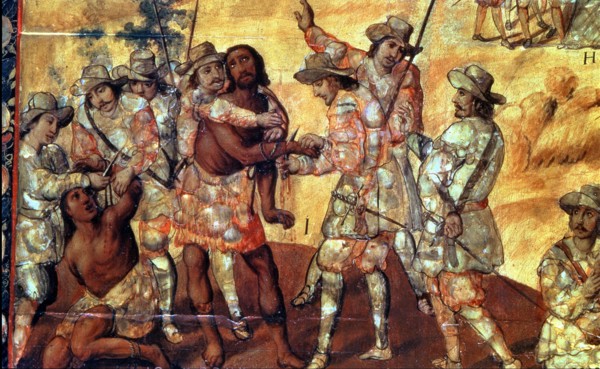 Conquerors cut the hands to two spies of Xicotenca the Younger, detail of a nacred painting, 1698.