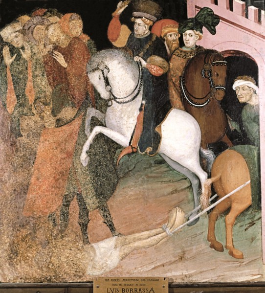 Detail of a table with the 'Martyrdom and crucifixion of St. Andrew' by Lluis Borrassà.