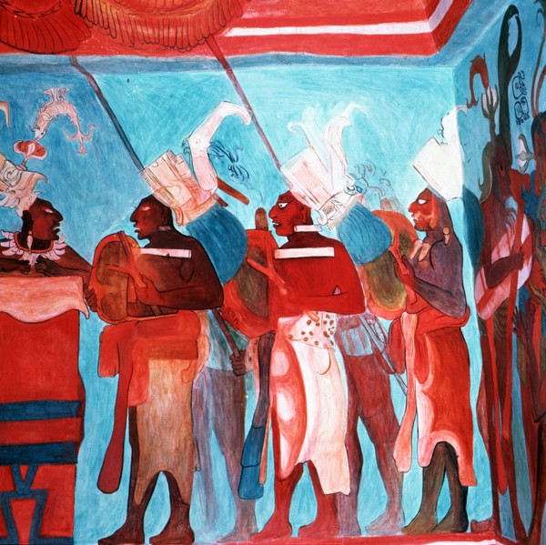 Fresco in the Room 1 of the Bonampak painting temple depicting scenes of life.