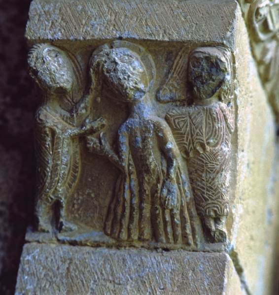 'Saint John baptising Christ', capital of the front of the church of San Juan de Montañana (Hues?