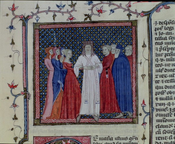 Clergyman marrying a couple, Miniature 'Libri III-IV. Distinctionum', codex, 1348, by Henricus vo?